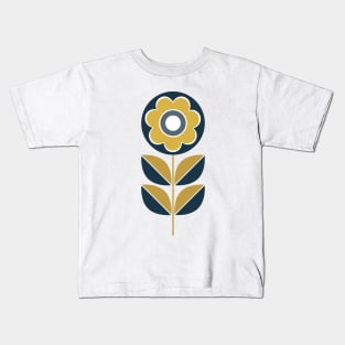 Retro Geometric Flower 5 in Navy Blue and Mustard Yellow Kids T-Shirt